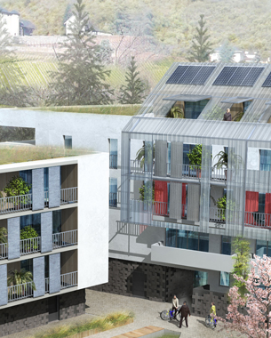 A l’origine…
Le projet a été conçu dans la compréhension et le respect de cette image forte : créer une zone d’habitats dans un territoire frontière entre urbanité et nature. Dans ce lieu où la vallée rejoint la montagne, une conception ancrée dans le végétal est d’emblée apparue comme l’élément central. En vivant à la Doria, l’habitant doit éprouver cette même sensation de quitter la ville pour gagner un refuge de verdure.