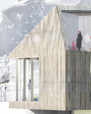 Au cœur du domaine des portes du Soleil à 1800m d’altitude. Une masse en bois, creusée, percée, pliée, plissée déformée, s’intègre à l’environnement.